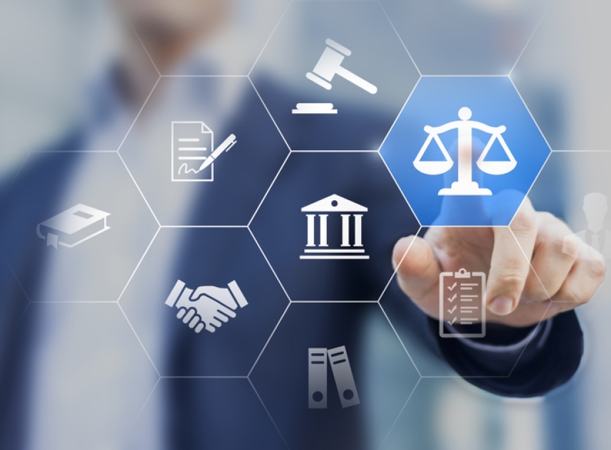 Legal advice service concept with lawyer working for justice, law, business legislation, and paperwork expert consulting, icons with person in background